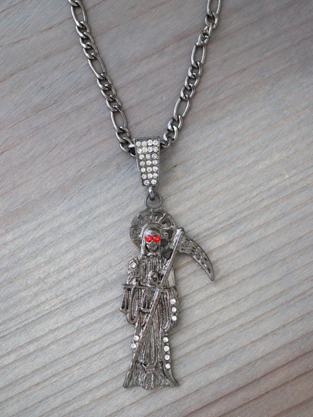 Grim Reaper Black with CZ Stones Style Pendant Necklace